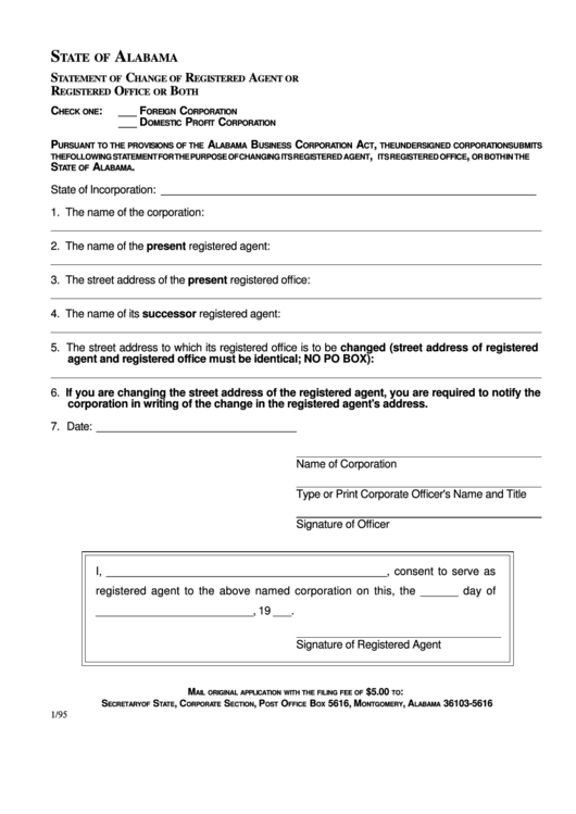 Statement Of Change Of Registered Agent Or Registered Office Or Both - Alabama Secretary Of State Printable pdf