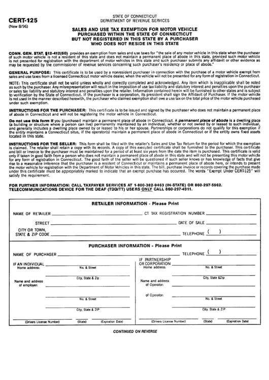 Fillable Form Cert-125 - Sales And Use Tax Exemption For Motor Vehicle Purchased Within The State Of Connecticut But Not Registered In This State By A Purchaser Who Does Not Reside In This State Printable pdf