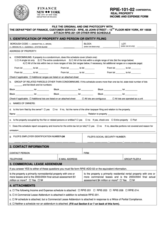 Fillable Form Rpie-101-02 - Real Property Income And Expense - New York Department Of Finance Printable pdf