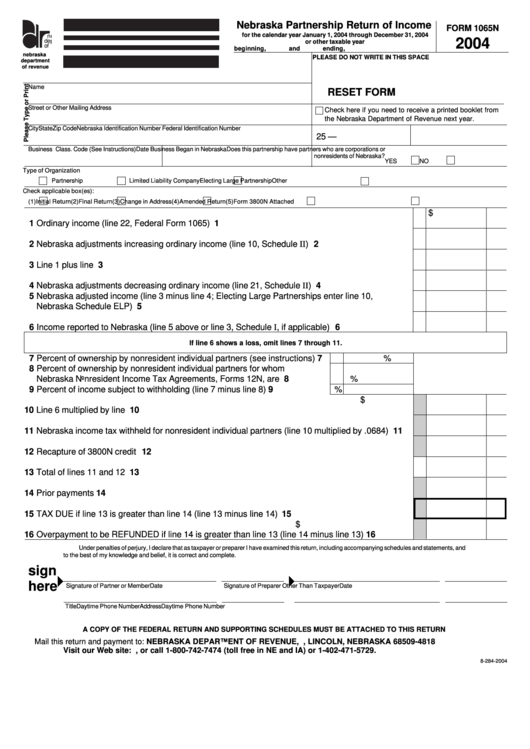 Fillable Form 1065n - Nebraska Partnership Return Of Income - 2004 Printable pdf