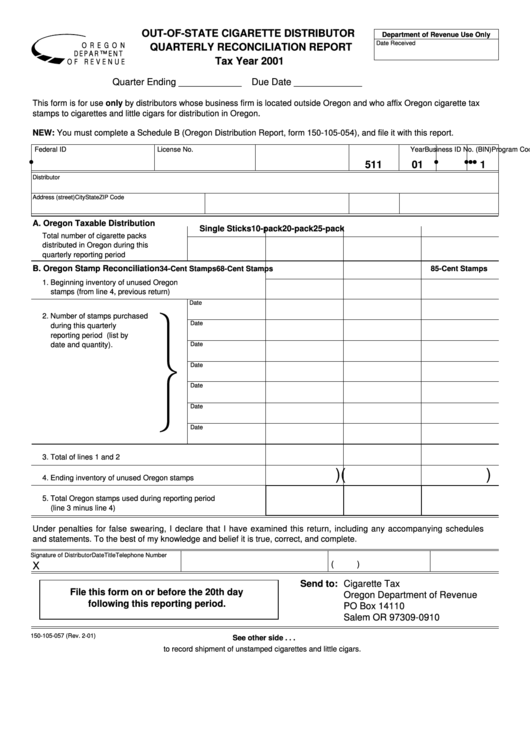 Form 150-105-057 - Out-Of-State Cigarette Distributor Quarterly Reconciliation Report - Oregon Department Of Revenue - 2001 Printable pdf