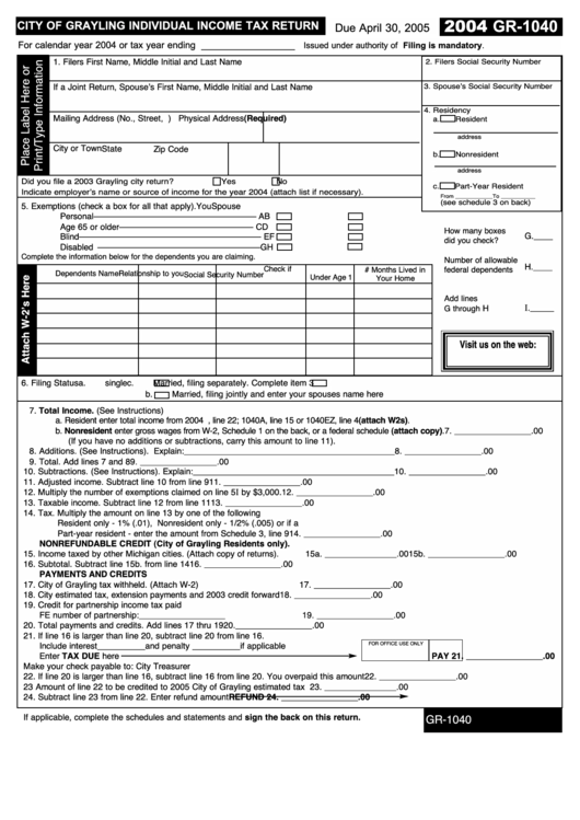 Form Gr-1040 - City Of Grayling Individual Income Tax Return - 2004 Printable pdf