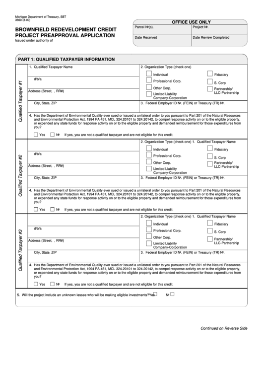 Form 3660 - Brownfield Redevelopment Credit - Project Preapproval Application Printable pdf