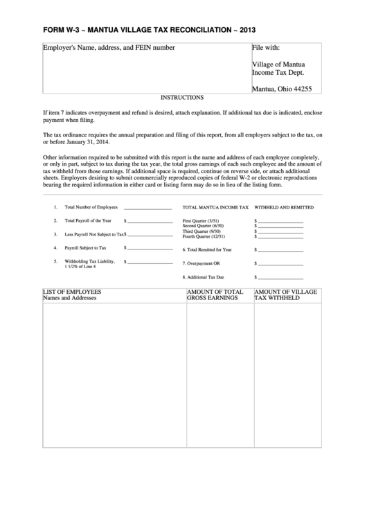 Form W-3 - Mantua Village Tax Reconciliation - 2013 Printable pdf
