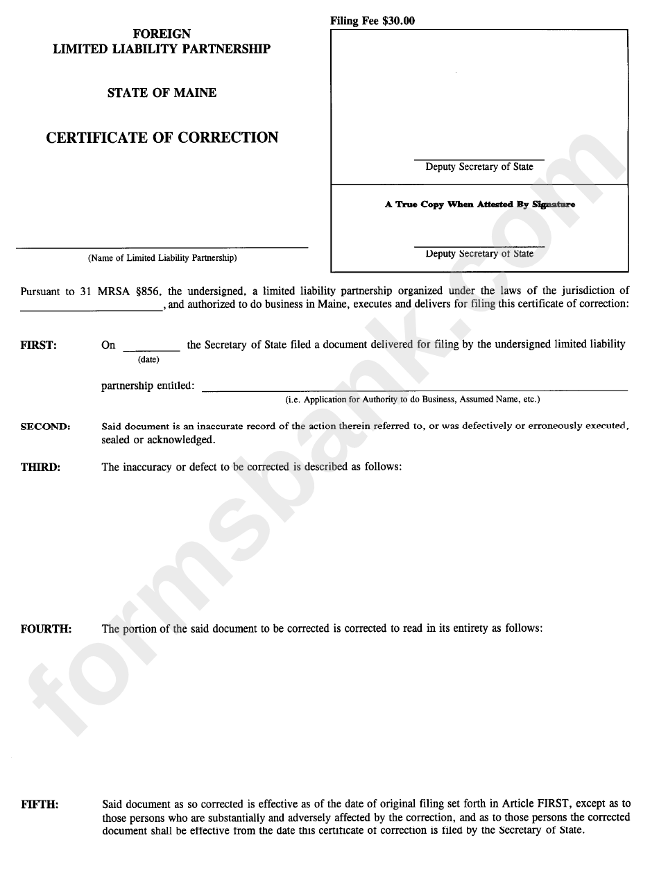Form Mllp-17a - Certificate Of Correction - Maine Secretary Of State