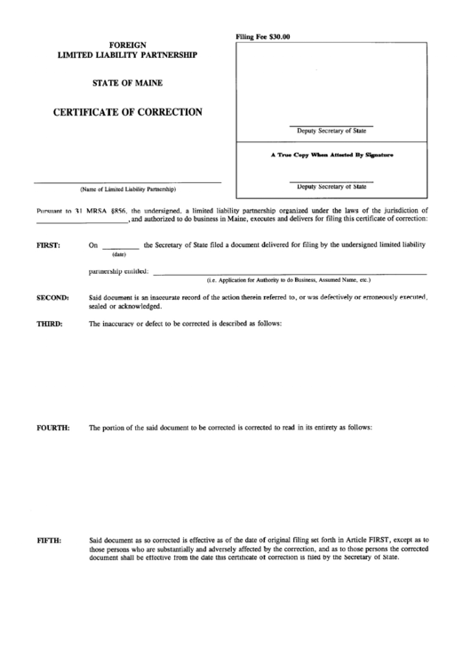 Form Mllp-17a - Certificate Of Correction - Maine Secretary Of State Printable pdf