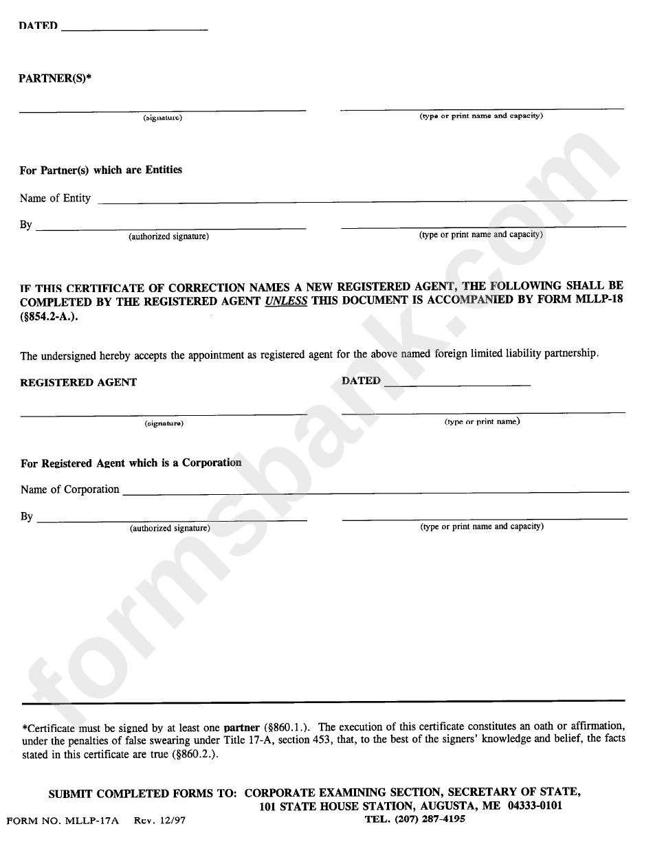 Form Mllp-17a - Certificate Of Correction - Maine Secretary Of State