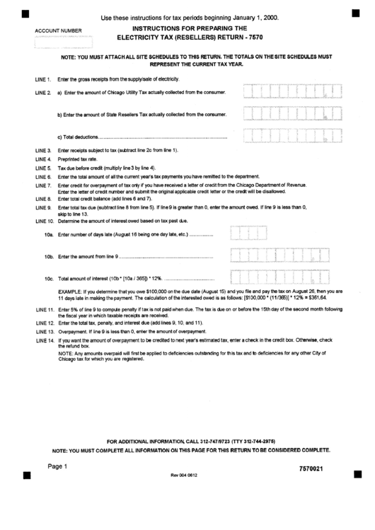 Instructions For Preparing The Electricity Tax (Resellers) Return Form 7570 - Chicago Department Of Revenue Printable pdf