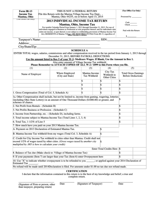 Form Ir-13 - Individual Income Tax Return - 2013 Printable pdf