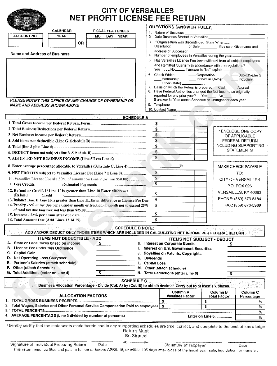 Net Profit License Fee Return - City Of Versailles