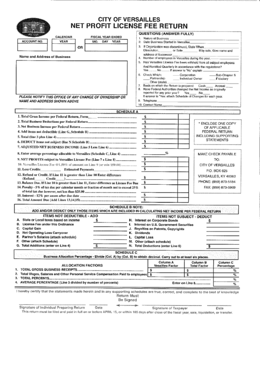 Net Profit License Fee Return - City Of Versailles Printable pdf