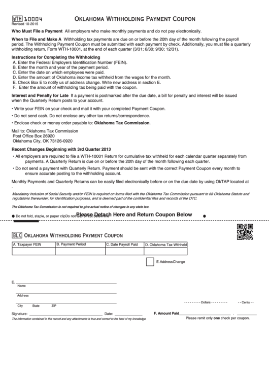 Fillable Oklahoma Withholding Payment Coupon - Tax Commission Printable pdf