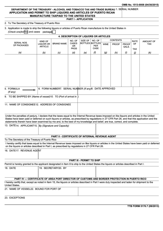 Fillable Form 5170.7 - Application And Permit To Ship Liquors And Articles Of Puerto Rican Manufacture Taxpaid To The United States - 2015 Printable pdf