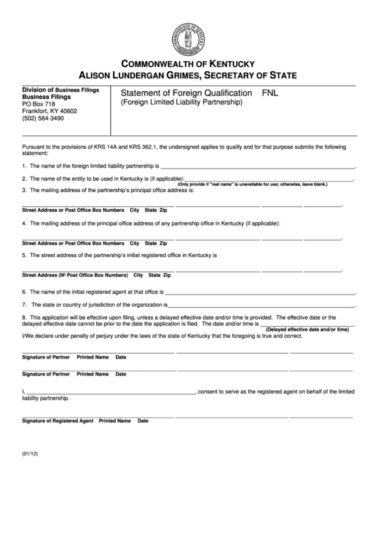 Fillable Form Fnl - Statement Of Foreign Qualification - Commonwealth Of Kentucky Printable pdf