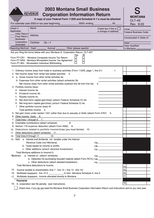 Form Clt-4s - Montana Small Business Corporation Information Return - 2003 Printable pdf
