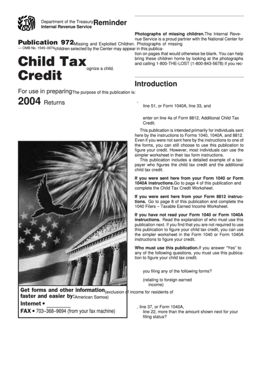Child Tax Credit Instructions - Department Of The Treasury Printable pdf