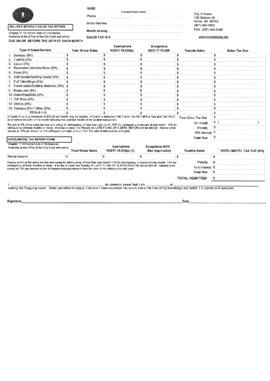 Sellers Monthly Sales Tax Return Form - City Of Nome Printable pdf