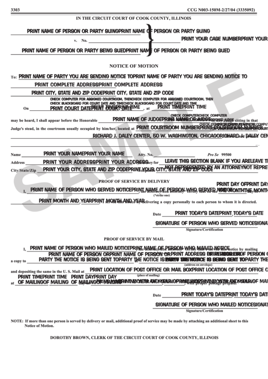 Form Ccg N003-150m-2/27/04 - In The Circuit Court Of Cook County, Illinois Printable pdf
