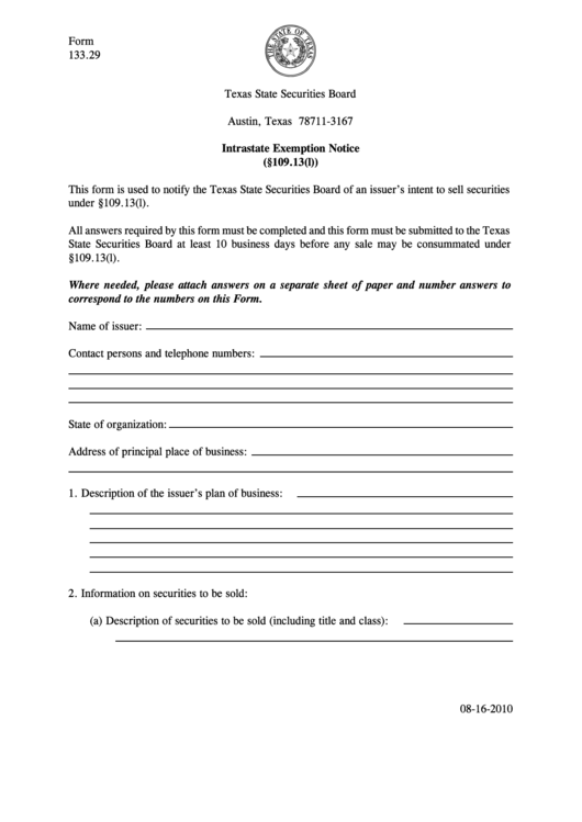 Fillable Form 133.29 - Intrastate Exemption Notice Printable pdf