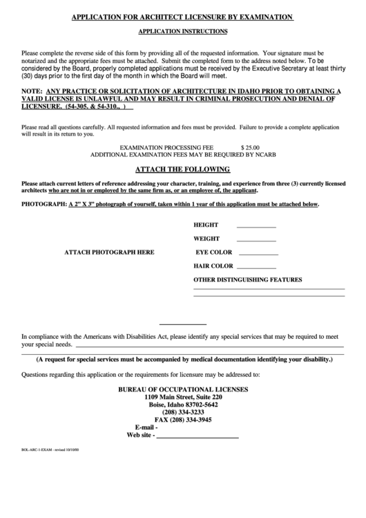 Form Bol-Arc-1-Exam - Application For Architect Licensure By Examination Printable pdf