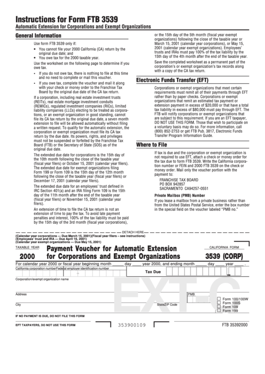 California Form 3539 (Corp) - Payment Voucher For Automatic Extension For Corporations And Exempt Organizations - 2000 Printable pdf