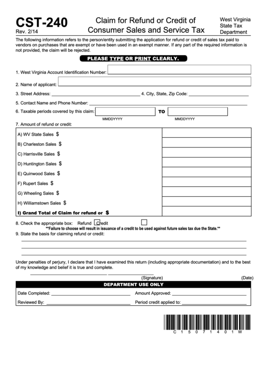 Form Cst-240 - Claim For Refund Or Credit Of Consumer Sales And Service Tax Printable pdf
