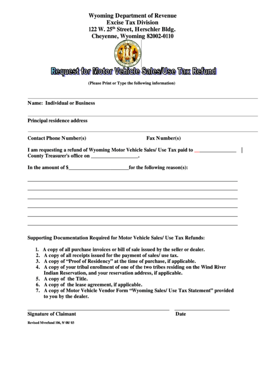 Request For Motor Vehicle Sales/use Tax Refund - Wyoming Department Of Revenue Printable pdf
