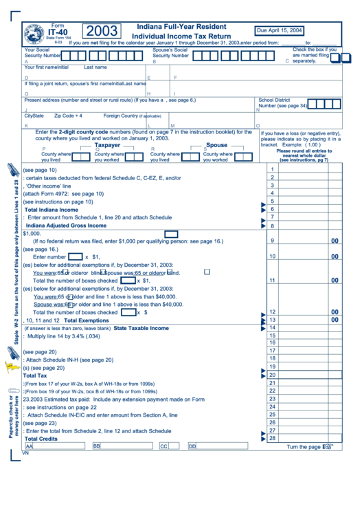 Form It-40 - Indiana Full-Year Resident Individual Income Tax Return - 2003 Printable pdf