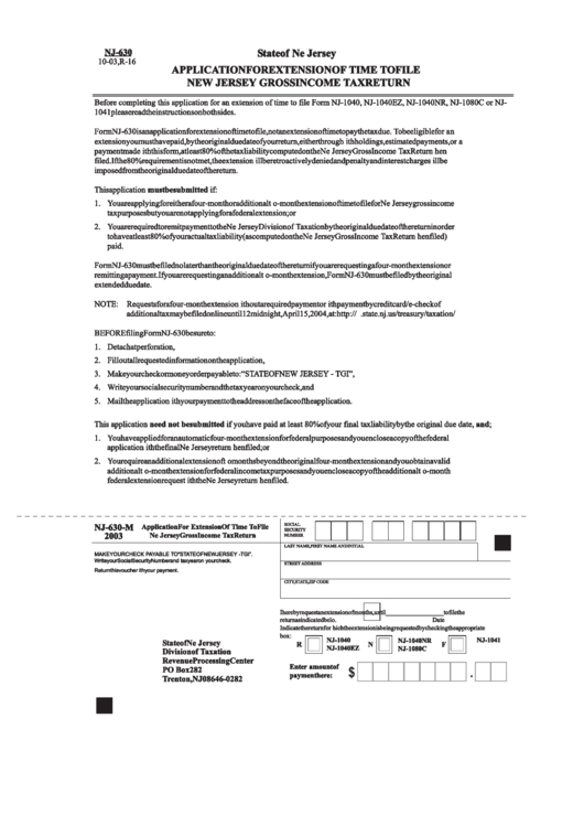 Form Nj-630 - Application For Extension Of Time To File New Jersey Gross Income Tax Return Printable pdf