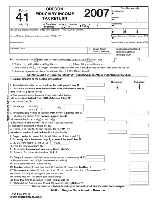 Fillable Form 41 - Oregon Fiduciary Income Tax Return - 2007 Printable pdf