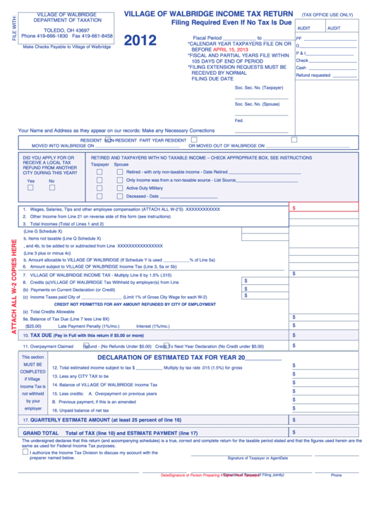 Village Of Walbridge Income Tax Return - 2012 Printable pdf