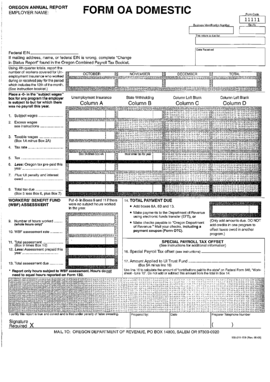 Form Oa Domestic - Oregon Annual Report Printable pdf