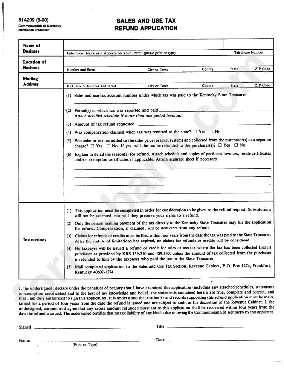 Form 51a209 - Sales And Use Tax Refund Application