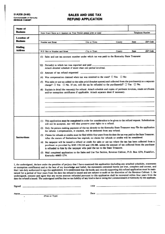 Form 51a209 - Sales And Use Tax Refund Application Printable pdf