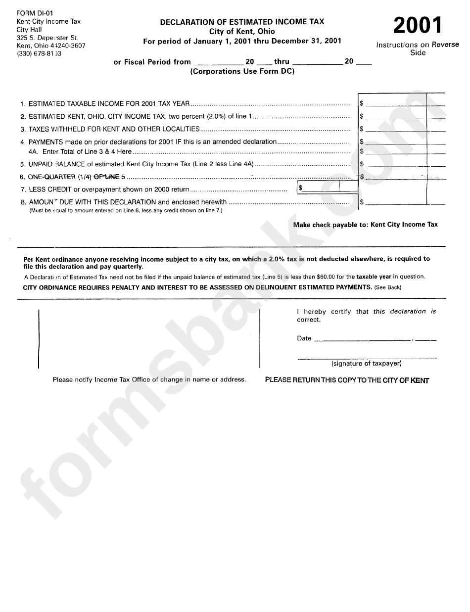 Form Di-01 - Declaration Of Estimated Income Tax - City Of Kent, Ohio - 2001