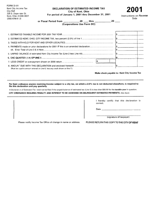 Form Di-01 - Declaration Of Estimated Income Tax - City Of Kent, Ohio - 2001 Printable pdf