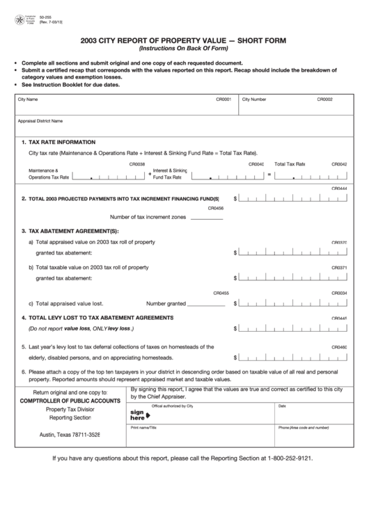 Form 50-255 - City Report Of Property Value - Short Form - 2003 Printable pdf