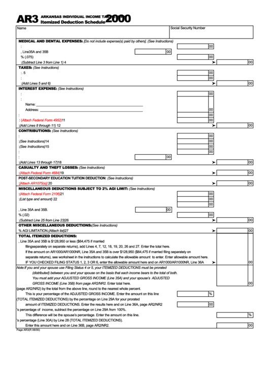 Form Ar3 - Arkansas Individual Income Tax Return - Itemized Deduction Schedule - 2000 Printable pdf