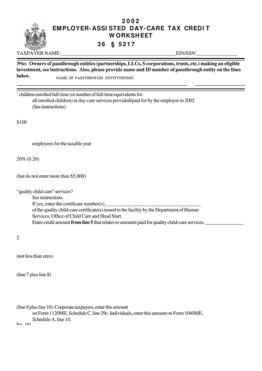 Employer-Assisted Day-Care Tax Credit Worksheet - 2002 Printable pdf