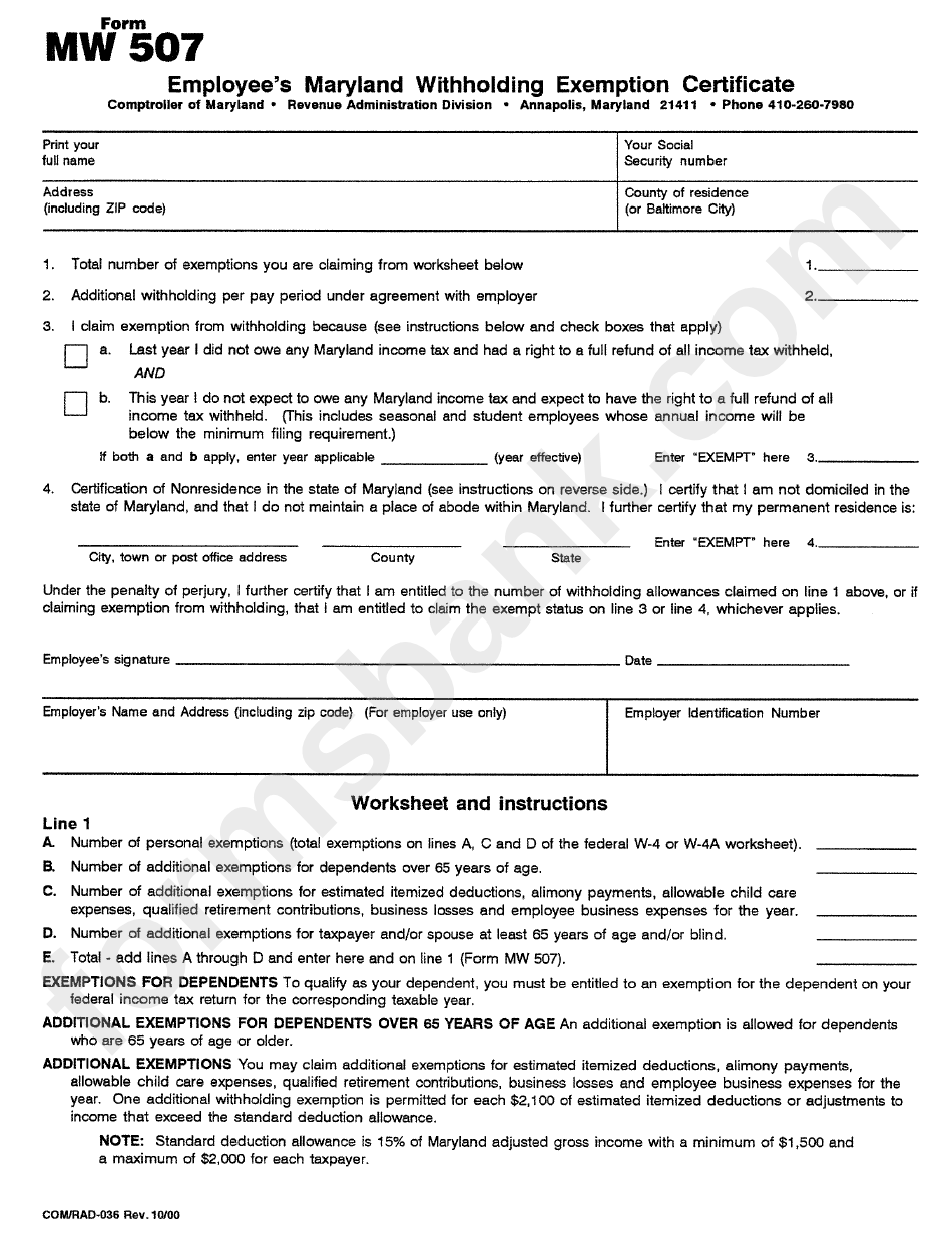 Form Mw 507 Employee'S Maryland Withholding Exemption Certificate