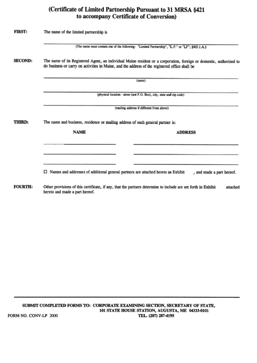 Form Conv-Lp 2000 - Certificate Of Limited Partnership Pursuant To 31 Mrsa 421 To Accompany Certificate Of Conversion Printable pdf