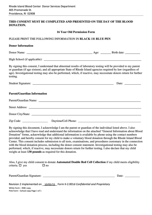 Form Ii-2.001d - Blood Donation - 16 Year Old Permission Printable pdf