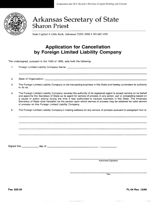 Form Fl-04 - Application For Cancellation By Foreign Limited Liability Company Printable pdf
