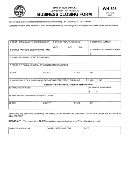 Form Wh-398 - Business Closing Form - South Carolina Department Of Revenue Printable pdf