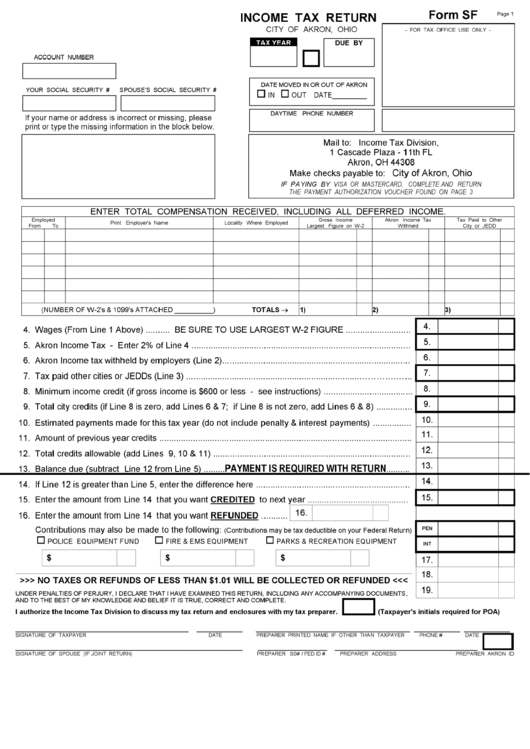 Form Sf - Income Tax Return - City Of Akron - State Of Ohio Printable pdf
