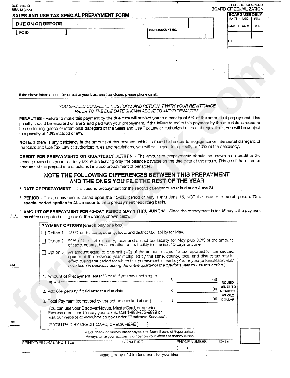 Form Boe-1150-B - Sales And Use Tax Special Prepayment Form