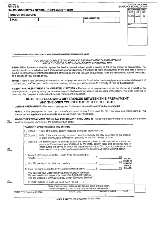 Form Boe-1150-B - Sales And Use Tax Special Prepayment Form Printable pdf
