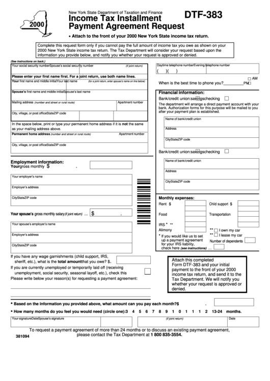 Form Dtf-383 - Income Tax Installment Payment Agreement Request - 2000 Printable pdf