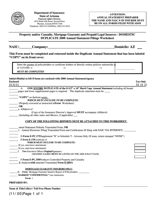 Form E-Pc.dup - Property And/or Casualty, Mortgage Guaranty And Prepaid Legal Insurers - Domestic Duplicate 2000 Annual Statement Filings Worksheet Printable pdf