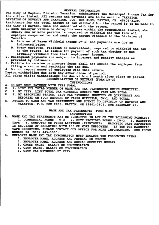 Reconciliation Of Returns (Form Dw-3) Instructions - City Of Dayton Printable pdf